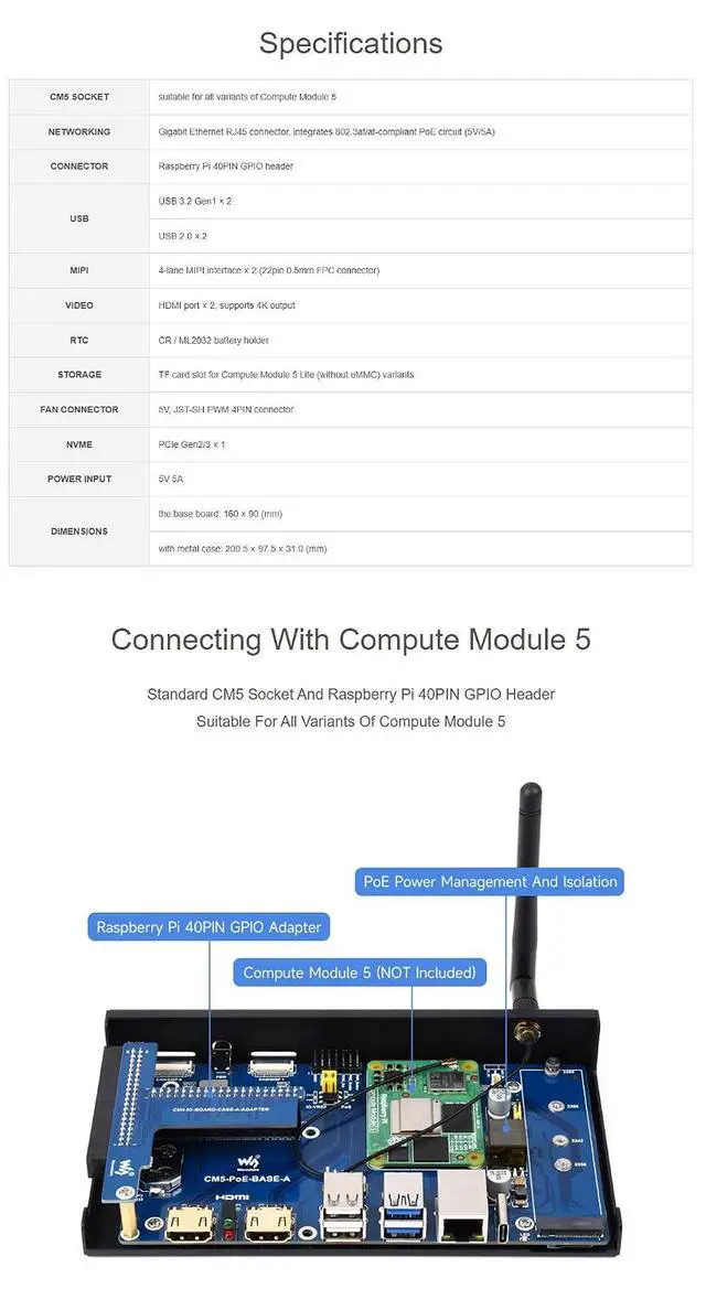 Alt view image 3 of 7 - Fits Raspberry Pi Compute Module 5 IO Board with PoE Feature, M.2 NVMe SSD Support, GPIO Header,Ethernet, USB, HDMI, and TF Slot for All CM5 Variants