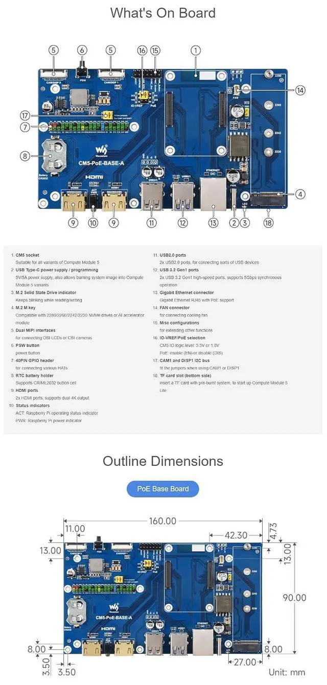 Alt view image 7 of 7 - Fits Raspberry Pi Compute Module 5 IO Board with PoE Feature, M.2 NVMe SSD Support, GPIO Header,Ethernet, USB, HDMI, and TF Slot for All CM5 Variants