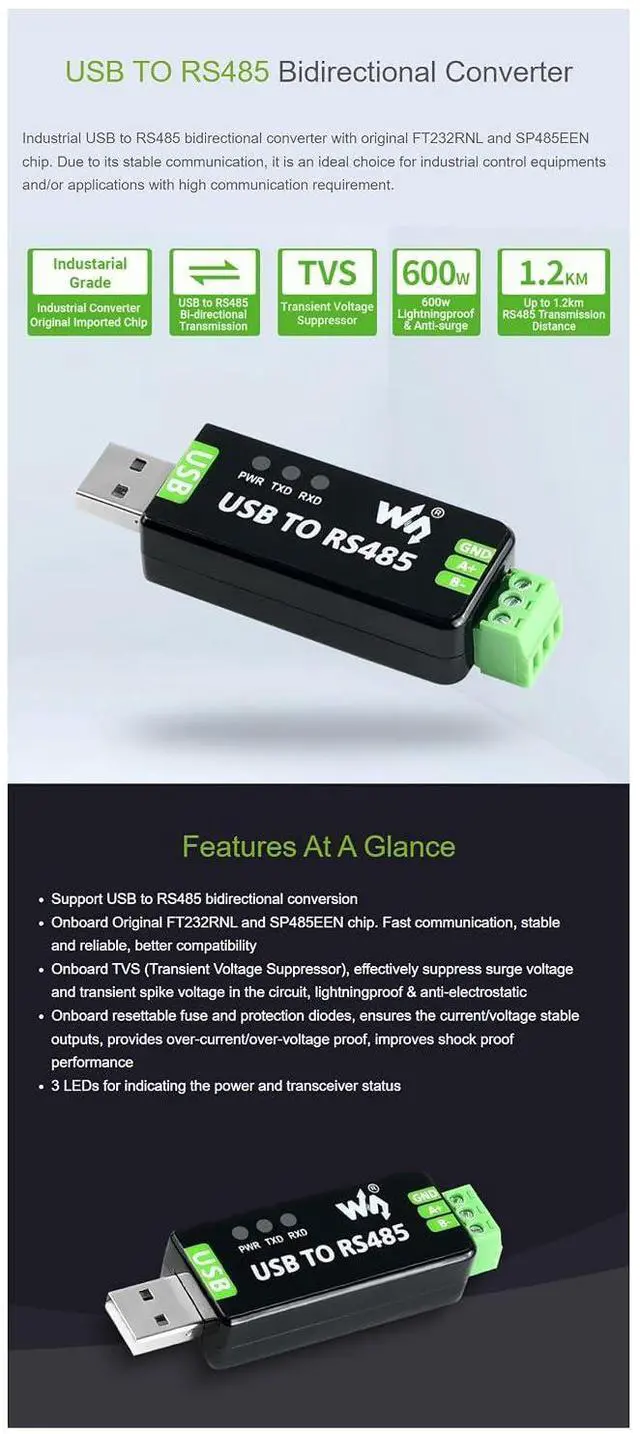 Alt view image 5 of 7 - Industrial USB to RS485 Converter with Original FT232RL Embedded Protection Circuits Resettable Fuse, ESD Protection, and TVS Diode, etc