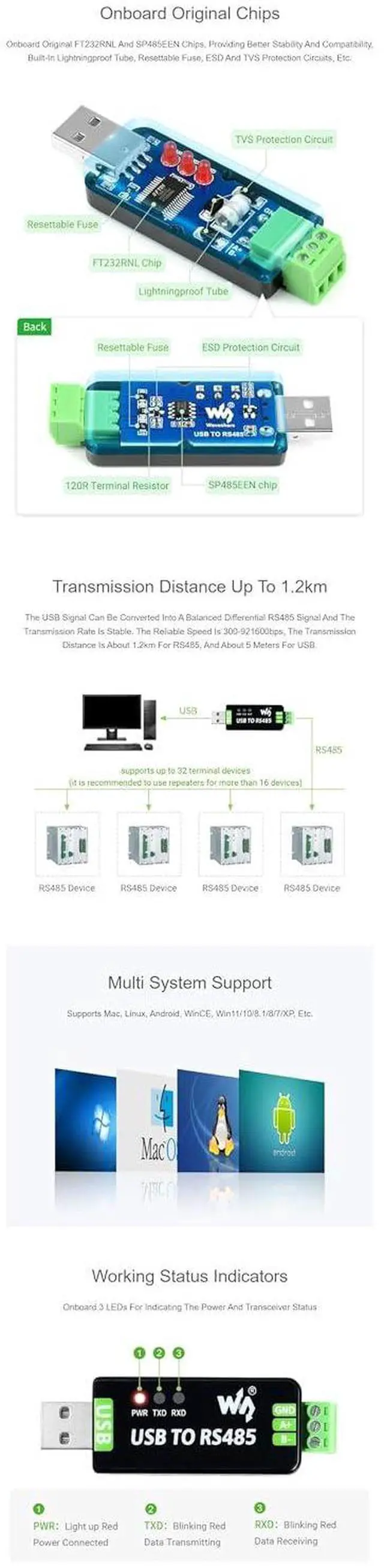 Alt view image 7 of 7 - Industrial USB to RS485 Converter with Original FT232RL Embedded Protection Circuits Resettable Fuse, ESD Protection, and TVS Diode, etc
