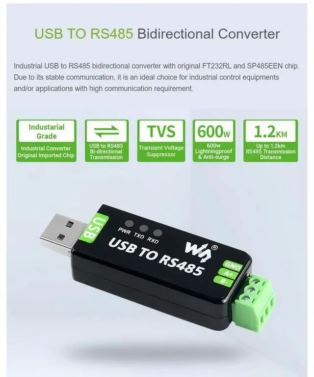 Alt view image 4 of 7 - Industrial USB to RS485 Converter Bidirectional RS485 to USB Converter Adapter Onboard Original FT232RL and SP485EEN