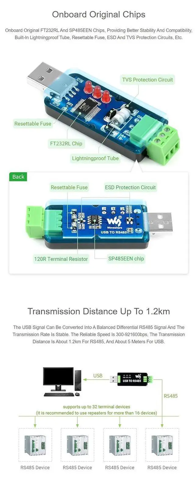 Alt view image 6 of 7 - Industrial USB to RS485 Converter Bidirectional RS485 to USB Converter Adapter Onboard Original FT232RL and SP485EEN
