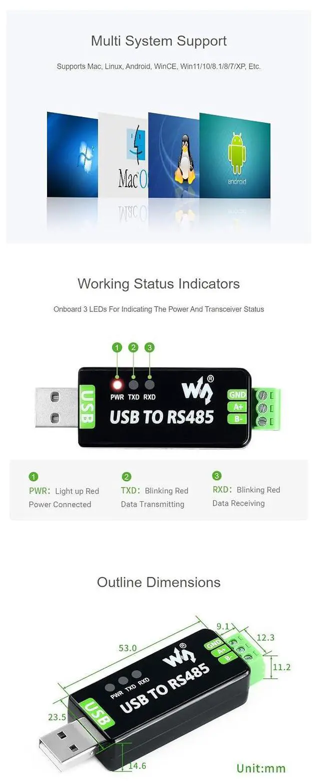 Alt view image 7 of 7 - Industrial USB to RS485 Converter Bidirectional RS485 to USB Converter Adapter Onboard Original FT232RL and SP485EEN