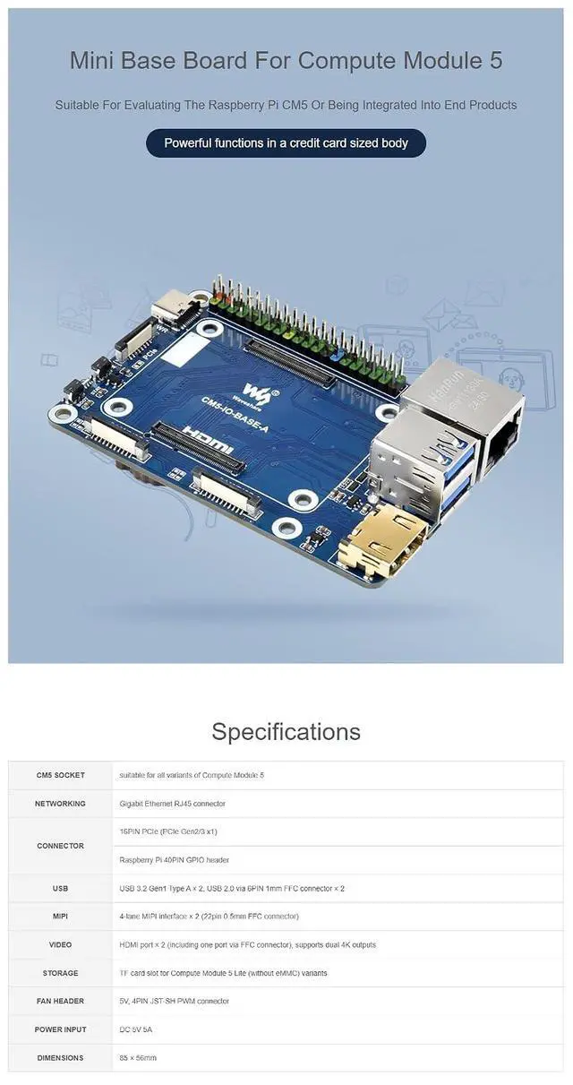 Alt view image 5 of 7 - Fits Raspberry Pi CM5 Mini Base Board (A) - Compact CM5 IO Board for Raspberry Pi Compute Module 5/CM5 Lite, Credit Card-Sized Design with GPIO, HDMI, USB, M.2 & Fan Connector