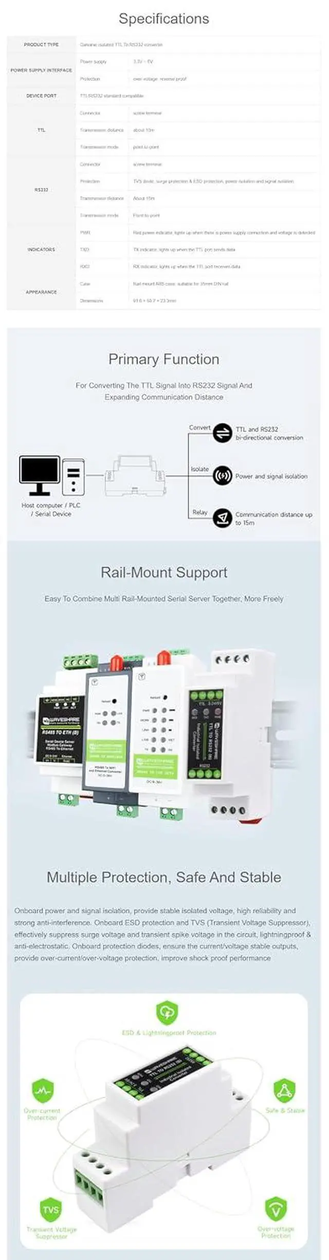 Alt view image 5 of 7 - Galvanic Isolated Converter Rail-Mount TTL to RS232 Serial Port Converter Lightningproof & Anti-Surge TTL Serial Converter Rail-Mount Support