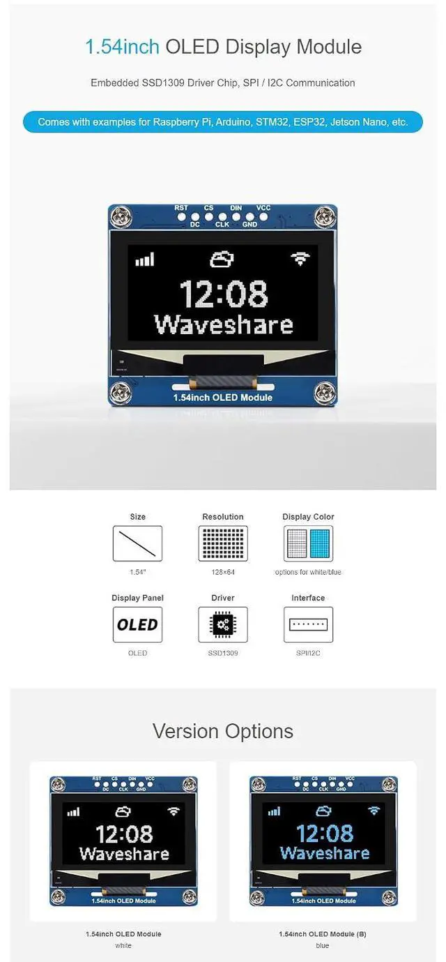 Alt view image 4 of 7 - 1.54 Inch OLED Display Module for Raspberry Pi 4B+ 4B 3B+ 3B 2B+ Zero W WH 2W for Arduino Jetson Nano STM32 128×64 Resolution White Display Color