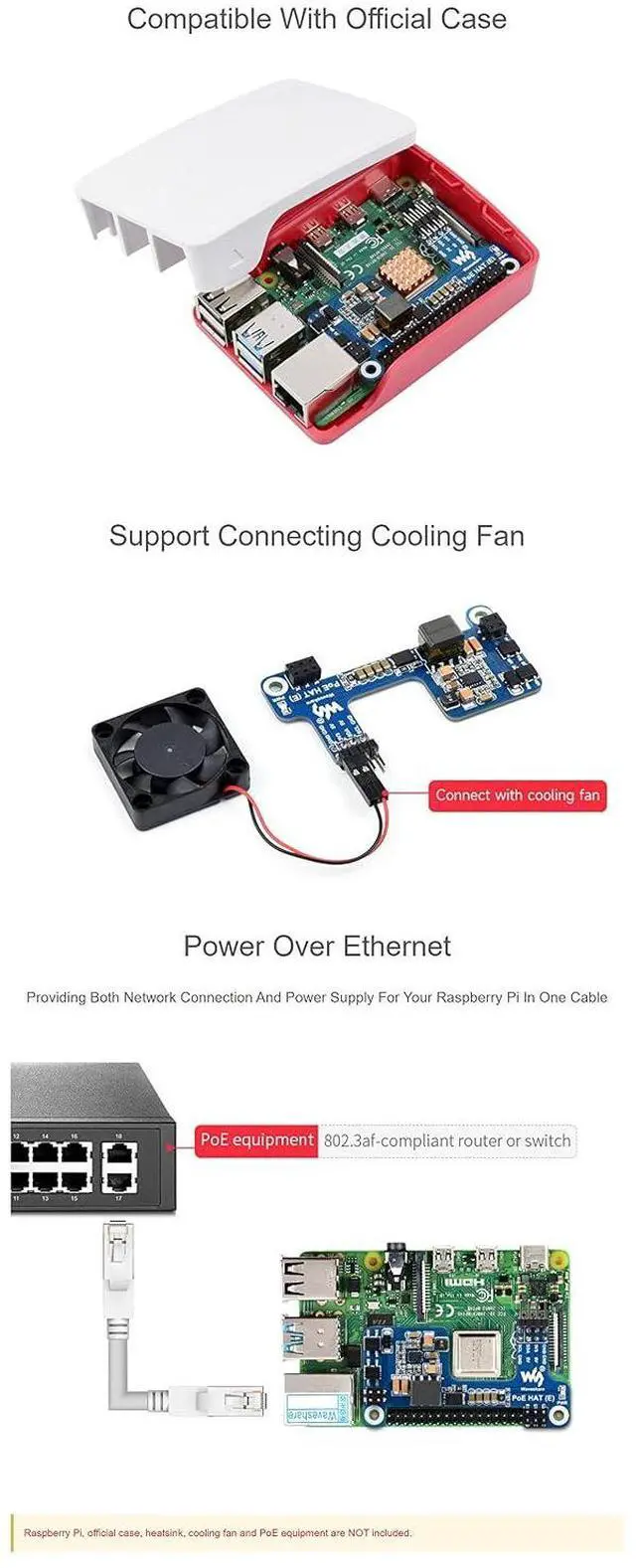 Alt view image 6 of 7 - Power Over Ethernet HAT (E) for Raspberry Pi 3B+/4B, Compatible Raspberry Pi Official Case, IEEE 802.3af-Compliant, SMPS Technology