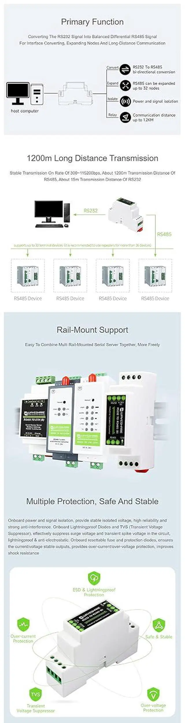 Alt view image 6 of 7 - RS232 to RS485 Converter (B), Active Digital Isolation Serial Converter, Rail-Mount Support, 600W Lightningproof & Anti-Surge