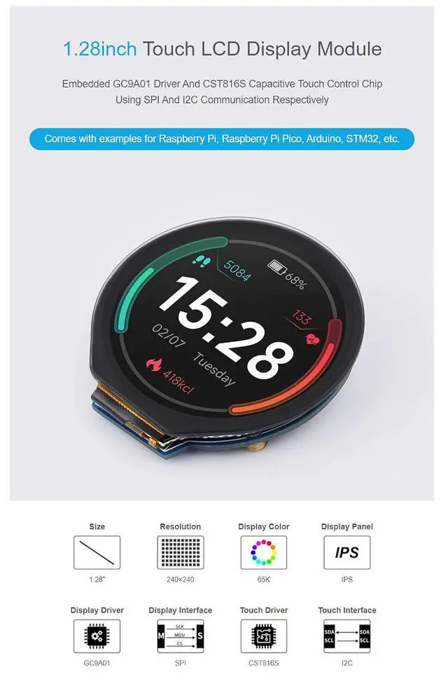 Alt view image 4 of 7 - 1.28inch Round LCD with Touch Panel for Raspberry Pi 4B+ 4B 3B+ 3B 2B+ Zero W WH 2 W Pico 240×240 IPS Display Module SPI and I2C Embedded GC9A01 Driver