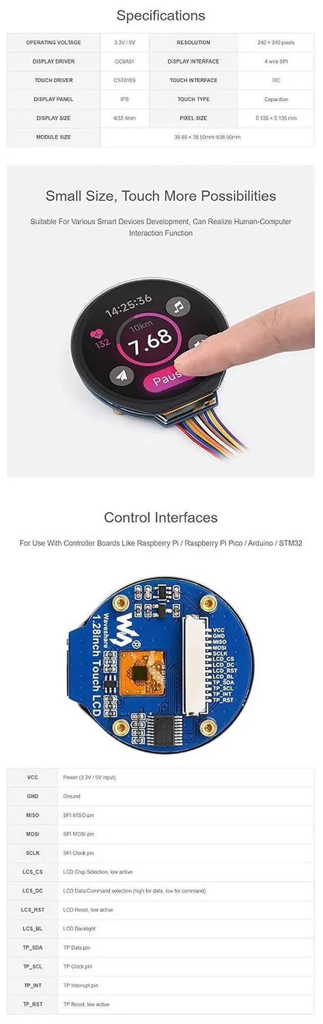 Alt view image 5 of 7 - 1.28inch Round LCD with Touch Panel for Raspberry Pi 4B+ 4B 3B+ 3B 2B+ Zero W WH 2 W Pico 240×240 IPS Display Module SPI and I2C Embedded GC9A01 Driver