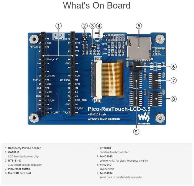 Alt view image 5 of 6 - 3.5inch Touch Display Module for Raspberry Pi Pico Series Board, Resistive Touch Controller XPT2046, ILI9488 Driver, Using SPI Bus, 65K Colors, 480×320 Pixels