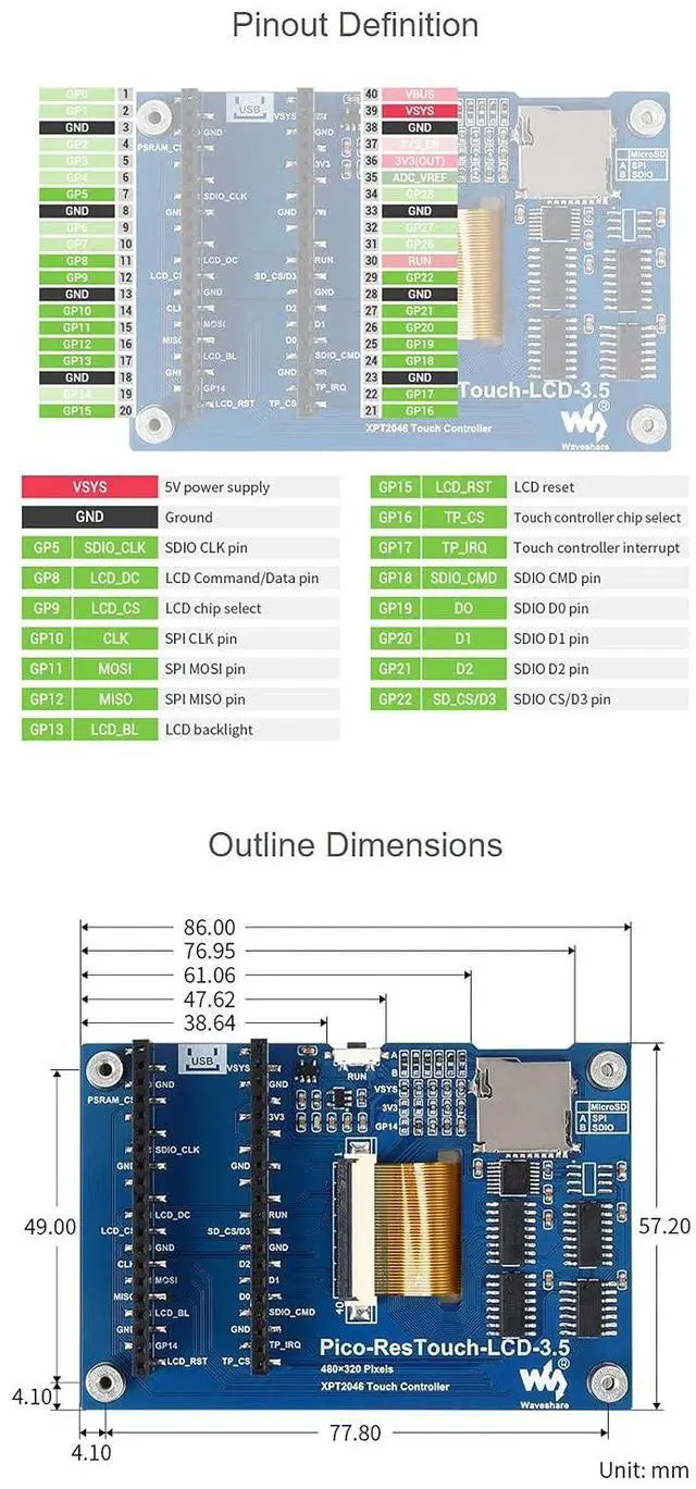 Alt view image 6 of 6 - 3.5inch Touch Display Module for Raspberry Pi Pico Series Board, Resistive Touch Controller XPT2046, ILI9488 Driver, Using SPI Bus, 65K Colors, 480×320 Pixels