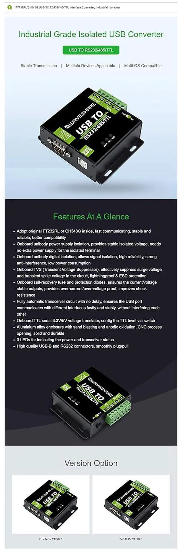 Alt view image 3 of 7 - CH343G Version USB to RS232/485/TTL, Industrial Grade Digital Isolated Converter,TVS Diode, Surge Protection & ESD Protection