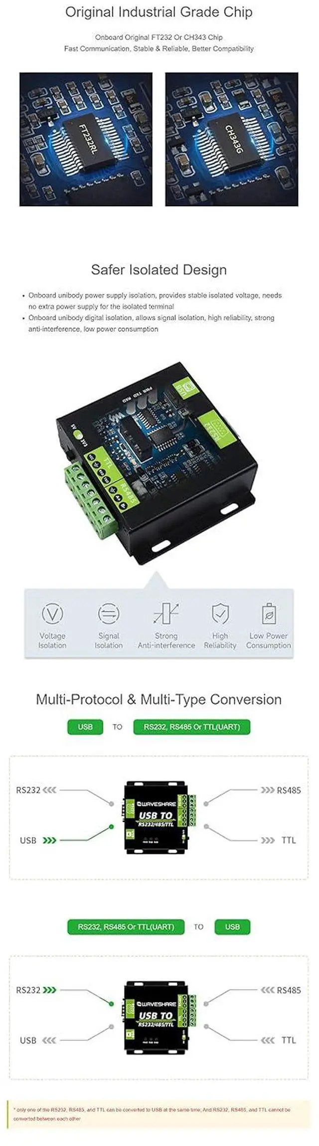 Alt view image 5 of 7 - CH343G Version USB to RS232/485/TTL, Industrial Grade Digital Isolated Converter,TVS Diode, Surge Protection & ESD Protection