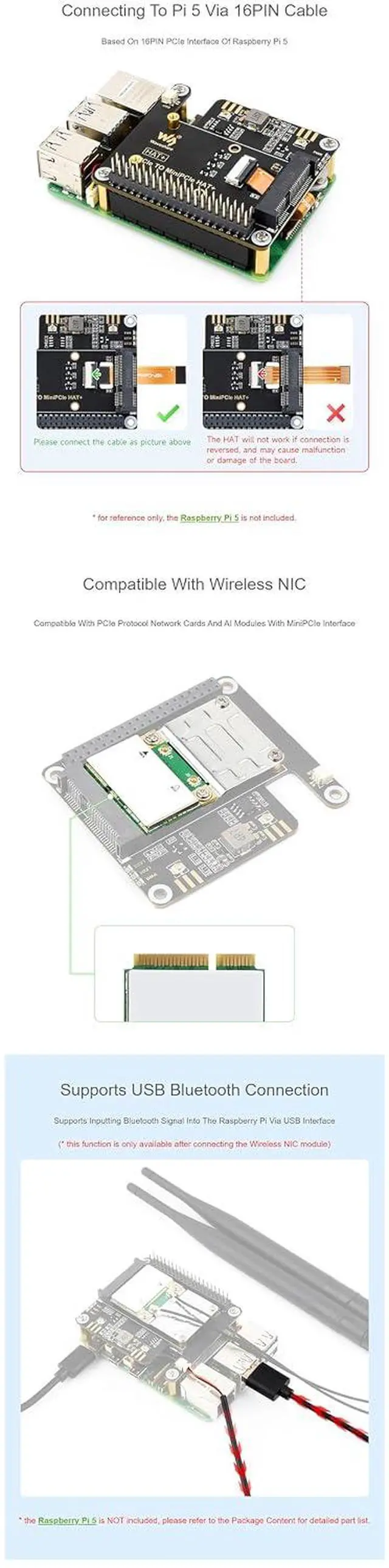 Alt view image 5 of 7 - PCIe to MiniPCIe Adapter for Raspberry Pi 5, Compatible with MiniPCIe Wire-Less NIC, Plug and Play, Supports USB Blue-Tooth, PCIe HAT+ No Need Driver