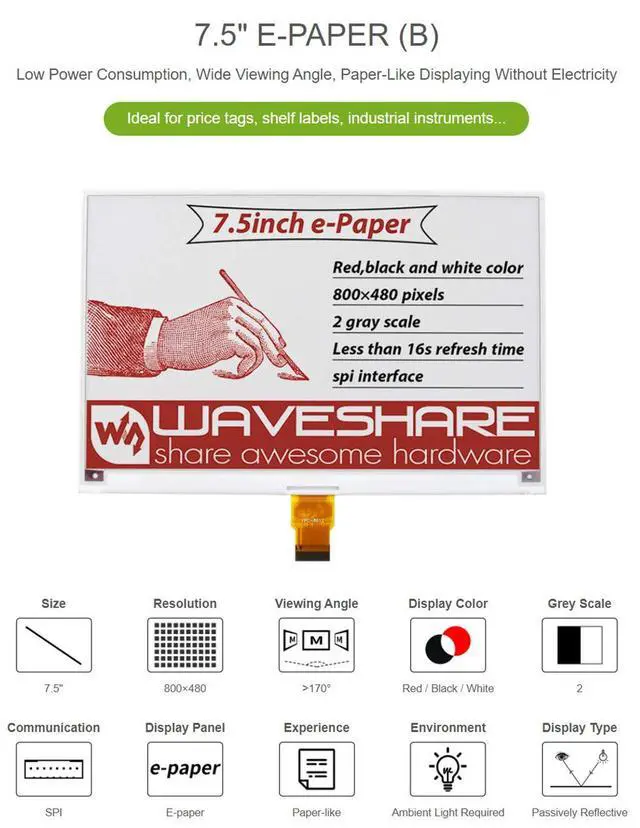Alt view image 2 of 7 - Tri-color 7.5inch E-ink Raw Display Panel 800×480 E-paper Electronic Screen Red/Black/White Three-Color for Raspberry Pi/Jetson Nano without PCB