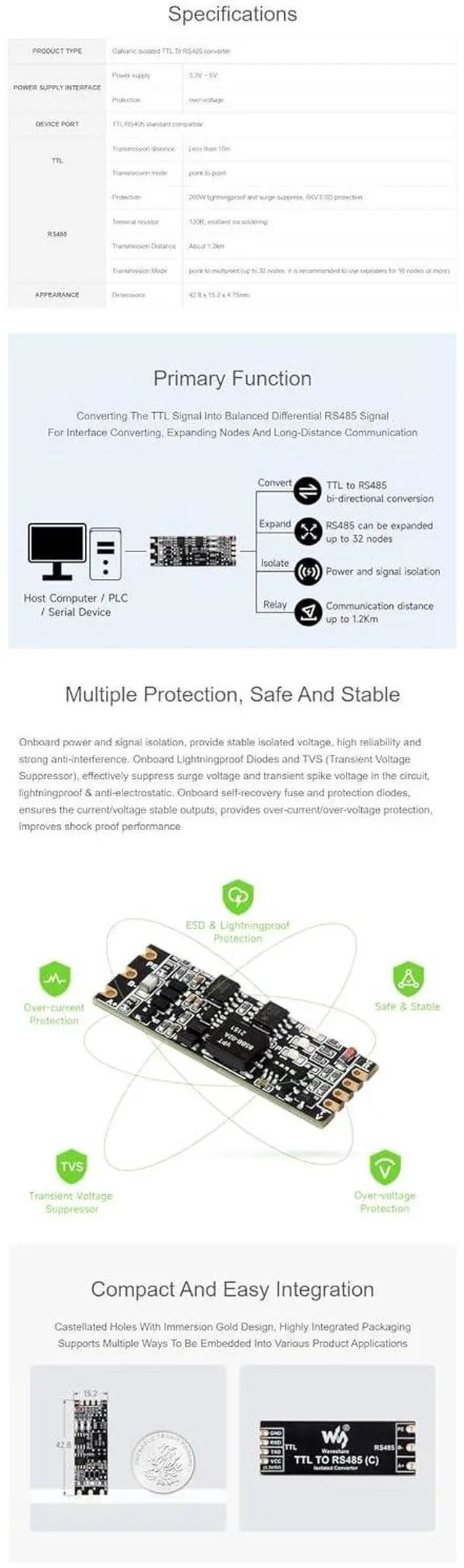 Alt view image 5 of 6 - Galvanic Isolated TTL to RS485 (C) Converter Half-Duplex Multi-Isolation Protection Communication Distance Up to 1.2Km up to 32 Transmission Nodes