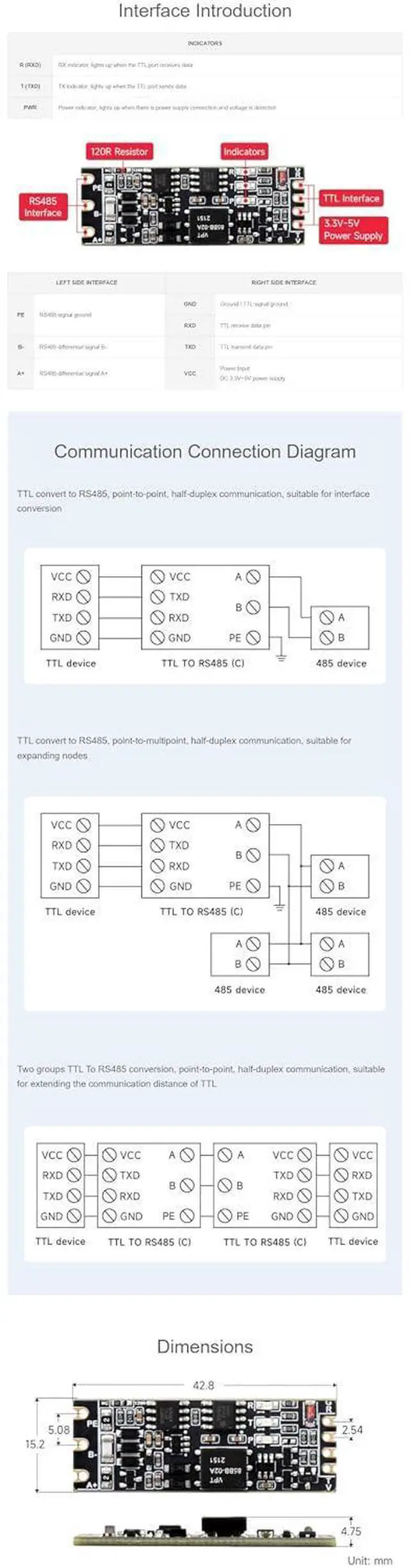 Alt view image 6 of 6 - Galvanic Isolated TTL to RS485 (C) Converter Half-Duplex Multi-Isolation Protection Communication Distance Up to 1.2Km up to 32 Transmission Nodes