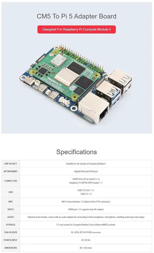Alt view image 7 of 7 - CM5 to Pi5 Adapter Board, Compatible with for Raspberry Pi 5, CM5 Lite/eMMC Support, Onboard Audio Header & USB Audio Chip, 40PIN GPIO, Alternative Pi 5 Interface Expansion Solution