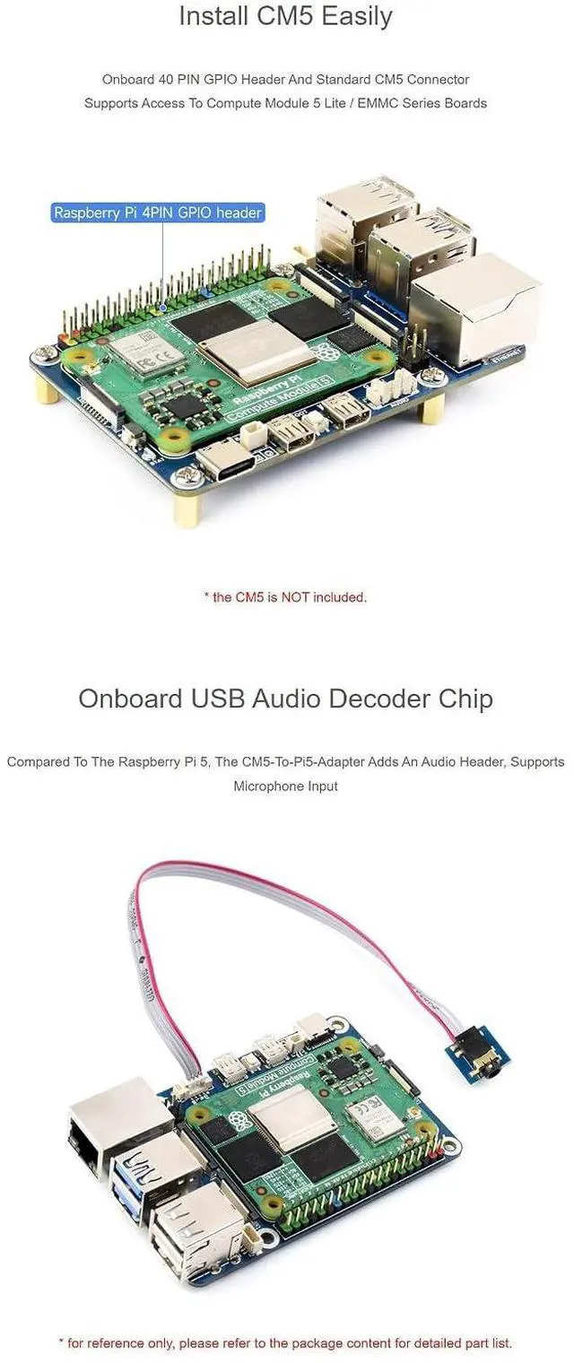 Alt view image 6 of 7 - CM5 to Pi5 Adapter Board, Compatible with for Raspberry Pi 5, CM5 Lite/eMMC Support, Onboard Audio Header & USB Audio Chip, 40PIN GPIO, Alternative Pi 5 Interface Expansion Solution
