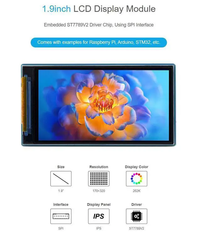 Alt view image 4 of 7 - 1.9inch LCD Display Module, IPS Screen, Embedded ST7789V2 Driver Chip, Using SPI Interface,170×32,262K Colors