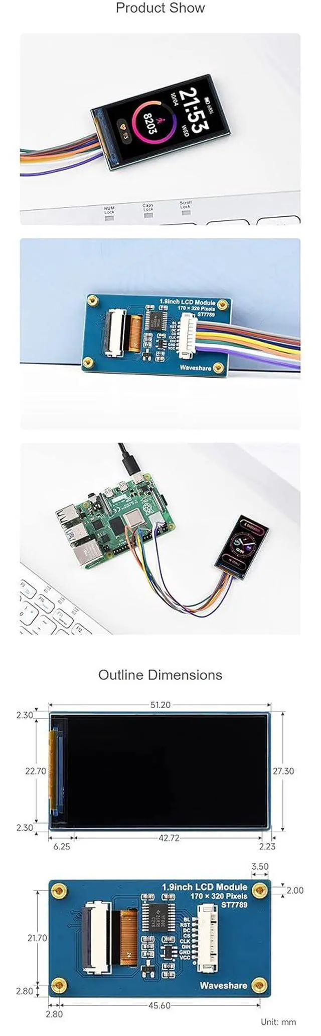 Alt view image 7 of 7 - 1.9inch LCD Display Module, IPS Screen, Embedded ST7789V2 Driver Chip, Using SPI Interface,170×32,262K Colors