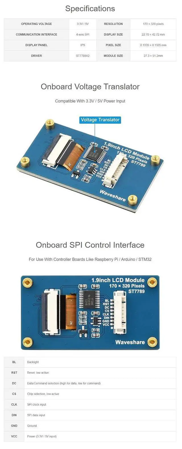Alt view image 5 of 7 - 1.9inch LCD Display Module, IPS Screen, Embedded ST7789V2 Driver Chip, Using SPI Interface,170×32,262K Colors