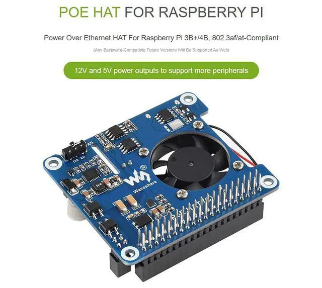 Alt view image 4 of 7 - Power Over Ethernet HAT (Type C) for Raspberry Pi 3B+/4B, 802.3af/at Compliant Power-Sourcing Equipment Required High Power 12V 2A& 5V 4A