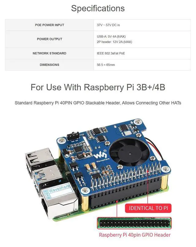 Alt view image 5 of 7 - Power Over Ethernet HAT (Type C) for Raspberry Pi 3B+/4B, 802.3af/at Compliant Power-Sourcing Equipment Required High Power 12V 2A& 5V 4A