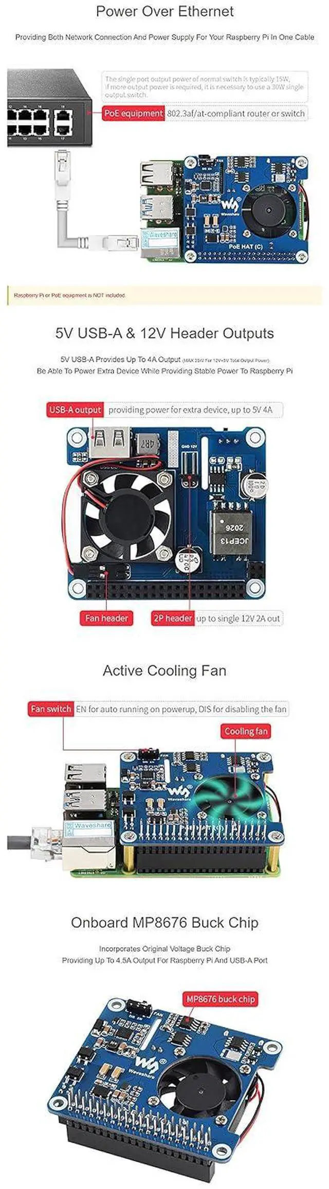 Alt view image 6 of 7 - Power Over Ethernet HAT (Type C) for Raspberry Pi 3B+/4B, 802.3af/at Compliant Power-Sourcing Equipment Required High Power 12V 2A& 5V 4A