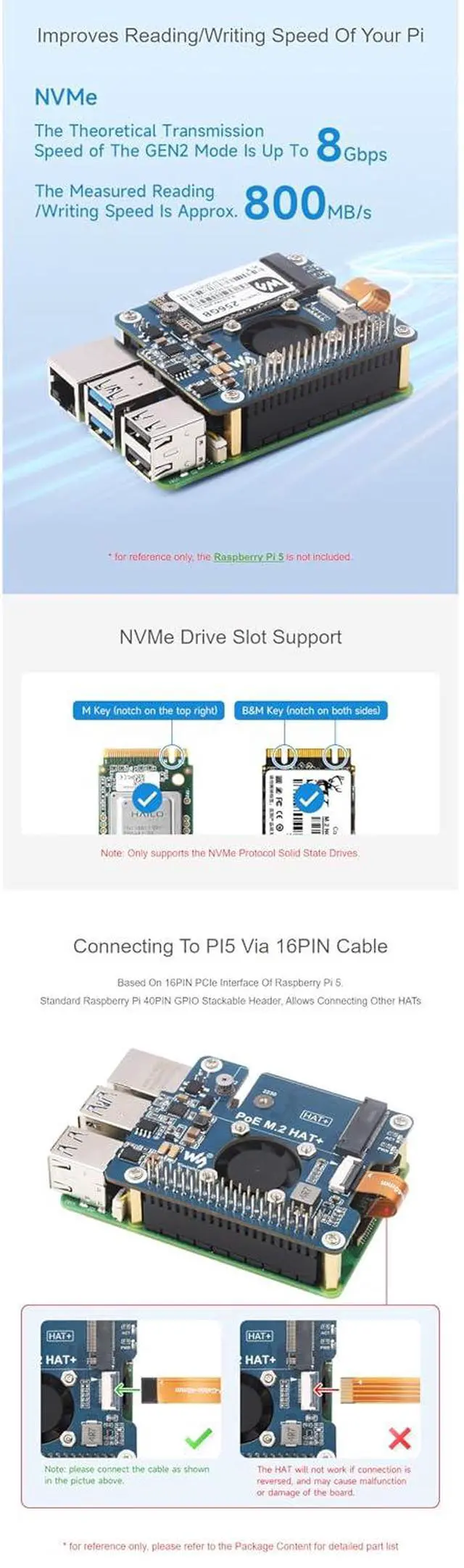 Alt view image 4 of 7 - PCIe to M.2 Adapter for Raspberry Pi 5 with PoE Function Supports NVMe Protocol M.2 Solid State Drive Supports 802.3af/at High-Speed Reading/Writing Fits Raspberry Pi 5 PoE HAT