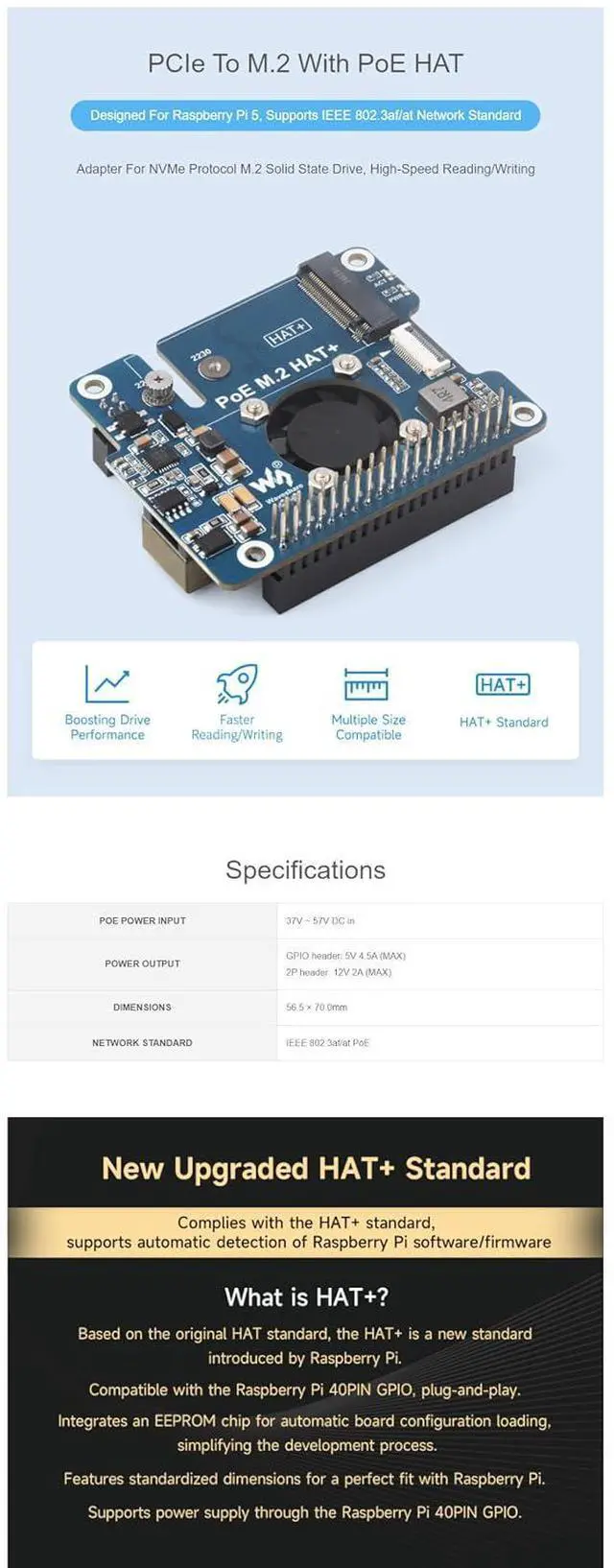Alt view image 3 of 7 - PCIe to M.2 Adapter for Raspberry Pi 5 with PoE Function Supports NVMe Protocol M.2 Solid State Drive Supports 802.3af/at High-Speed Reading/Writing Fits Raspberry Pi 5 PoE HAT