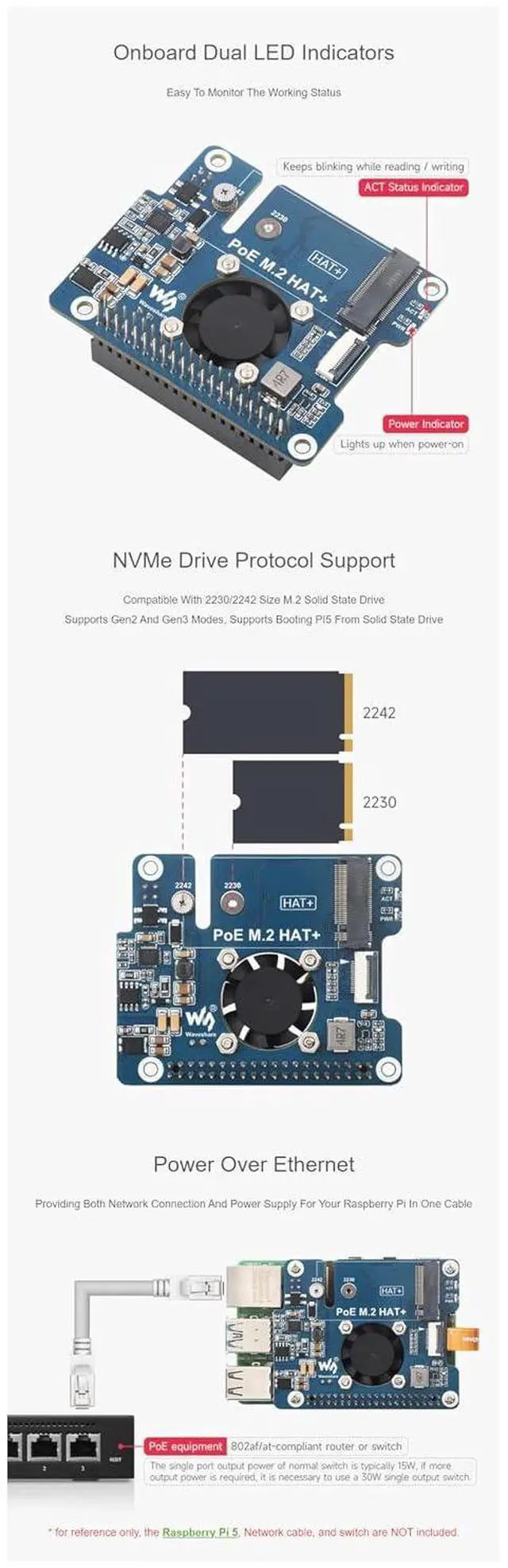 Alt view image 5 of 7 - PCIe to M.2 Adapter for Raspberry Pi 5 with PoE Function Supports NVMe Protocol M.2 Solid State Drive Supports 802.3af/at High-Speed Reading/Writing Fits Raspberry Pi 5 PoE HAT
