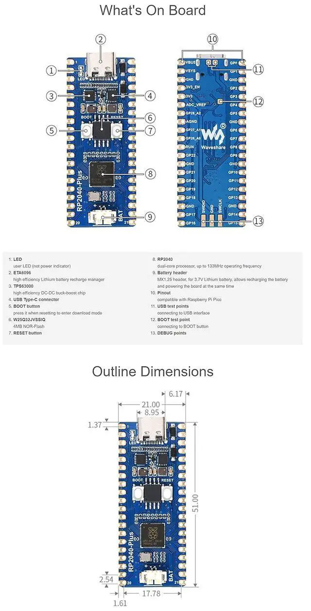 Alt view image 7 of 7 - RP2040-Plus Version Based On Raspberry Pi Microcontroller RP2040,Low-Cost, High-Performance Pico-Like MCU Board with Pre-soldered Header