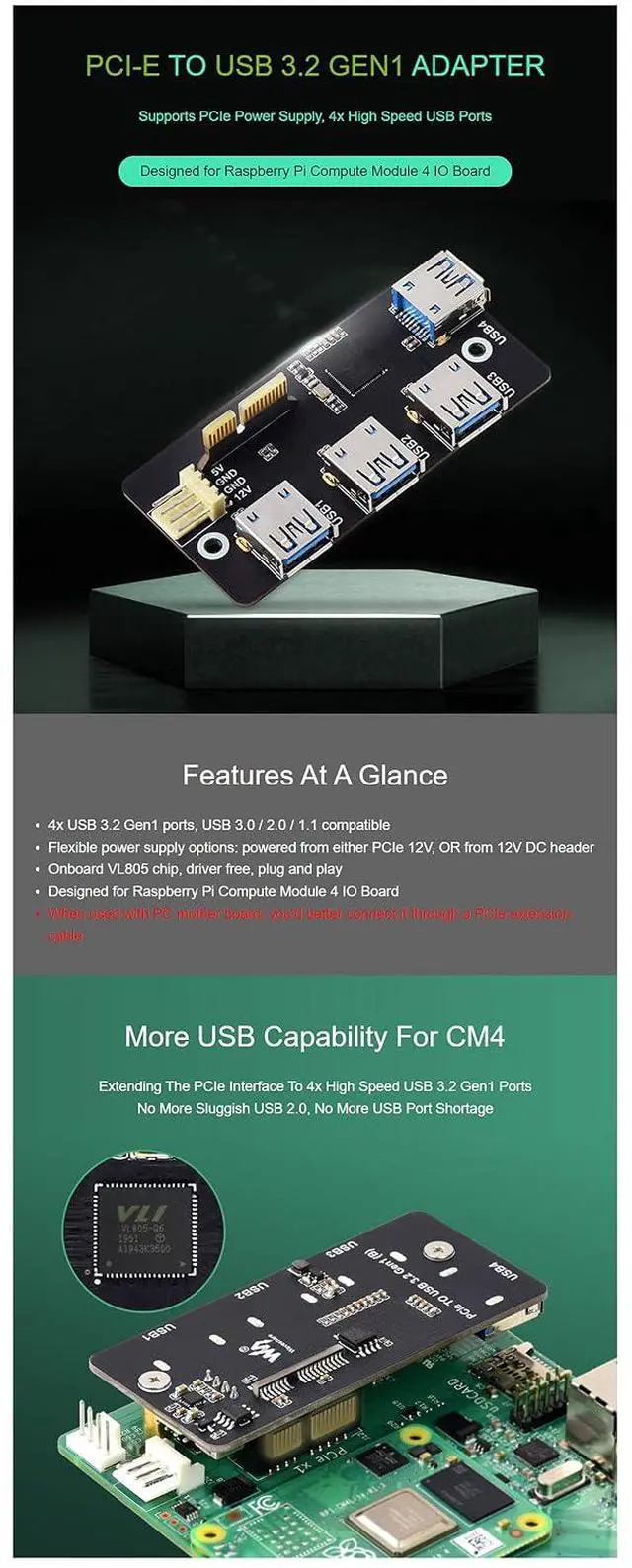 Alt view image 3 of 7 - PCIe to USB 3.2 Gen1 Adapter Designed for Raspberry Pi Compute Module 4 IO Board(CM4), 4X High Speed USB Ports,Compatible with USB 3.0/2.0/1.1