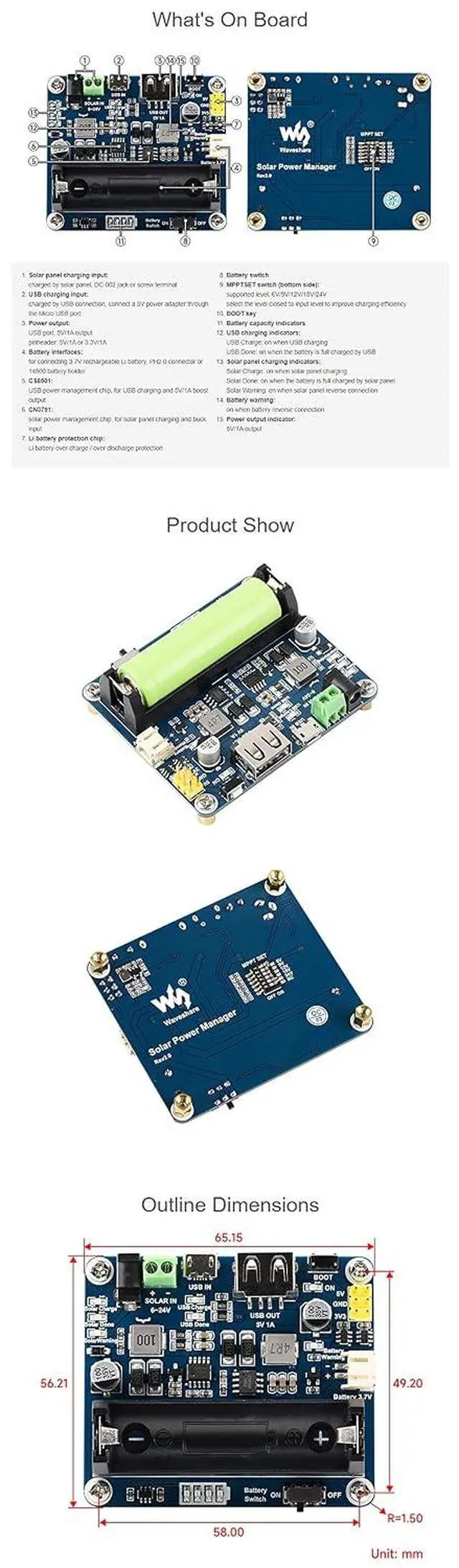 Alt view image 7 of 7 - Recharged Solar Power Management Module for 6V~24V Solar Panel 5V/1A Or 3.3V/1A Output Solar Panel / USB Connection