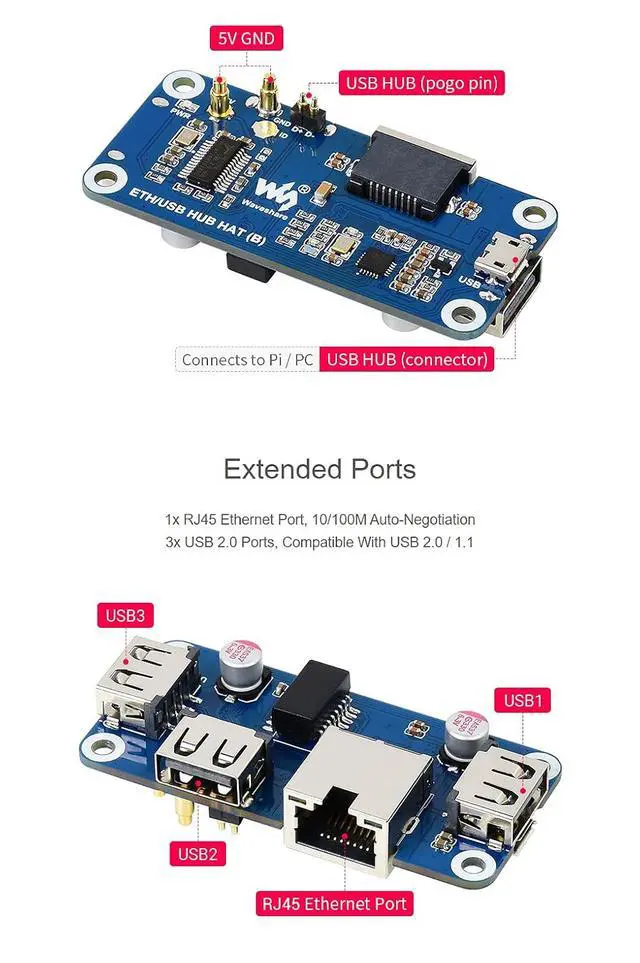 Alt view image 5 of 7 - Ethernet/USB HUB HAT (B) for Raspberry Pi Series Board, with 1x RJ45 Ethernet Port, 3X USB 2.0 Ports, Plug-and-Play