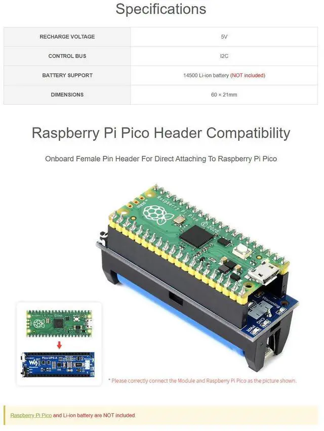 Alt view image 4 of 6 - UPS Module for Raspberry Pi Pico,Uninterruptible Power Supply HAT Keep Your Pico Running While Recharging,Monitoring Battery Status Via I2C