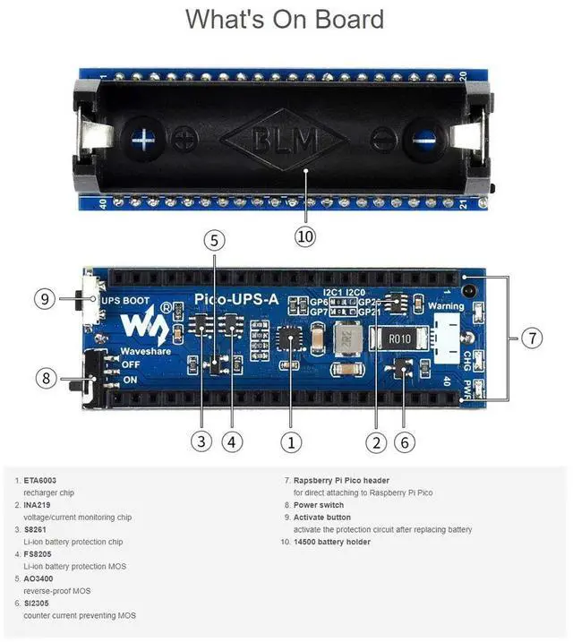 Alt view image 5 of 6 - UPS Module for Raspberry Pi Pico,Uninterruptible Power Supply HAT Keep Your Pico Running While Recharging,Monitoring Battery Status Via I2C