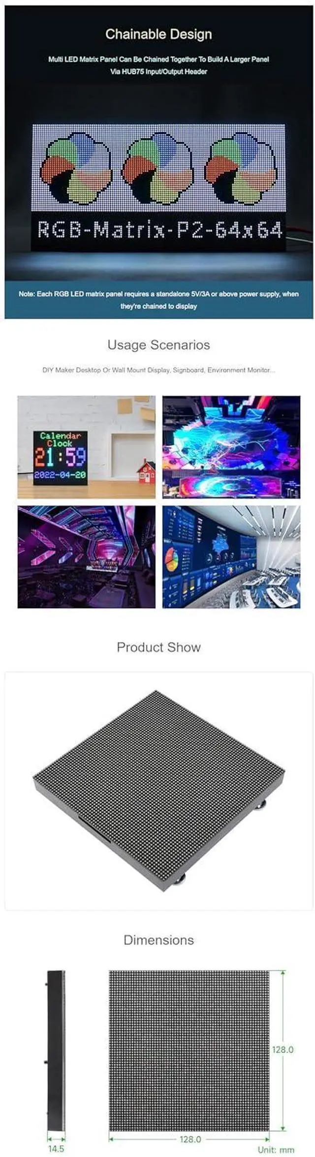 Alt view image 5 of 7 - RGB LED Matrix Panel 64x64 P2 2mm Pitch (GOB), HUB75 Dual Headers Chainable, 4096 RGB LEDs Full Color Adjustable Brightness, 128x128mm Module, for Raspberry Pi/Pico, Compatible with Arduino/ESP32