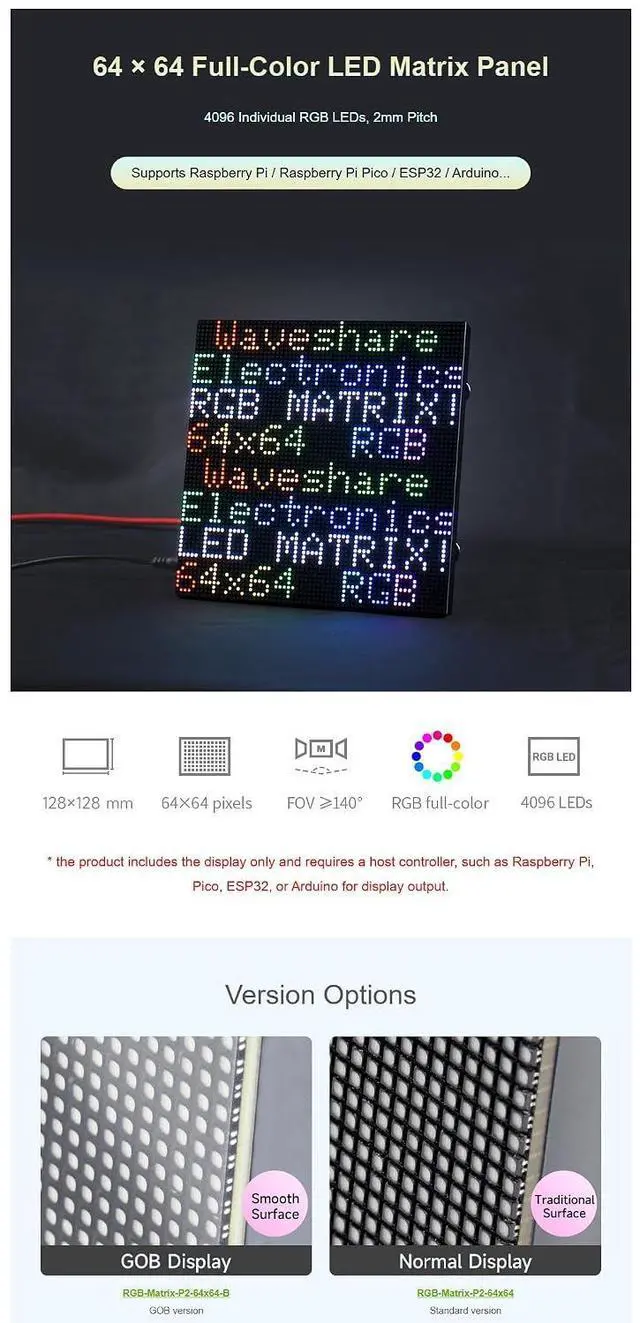Alt view image 2 of 7 - RGB LED Matrix Panel 64x64 P2 2mm Pitch (GOB), HUB75 Dual Headers Chainable, 4096 RGB LEDs Full Color Adjustable Brightness, 128x128mm Module, for Raspberry Pi/Pico, Compatible with Arduino/ESP32