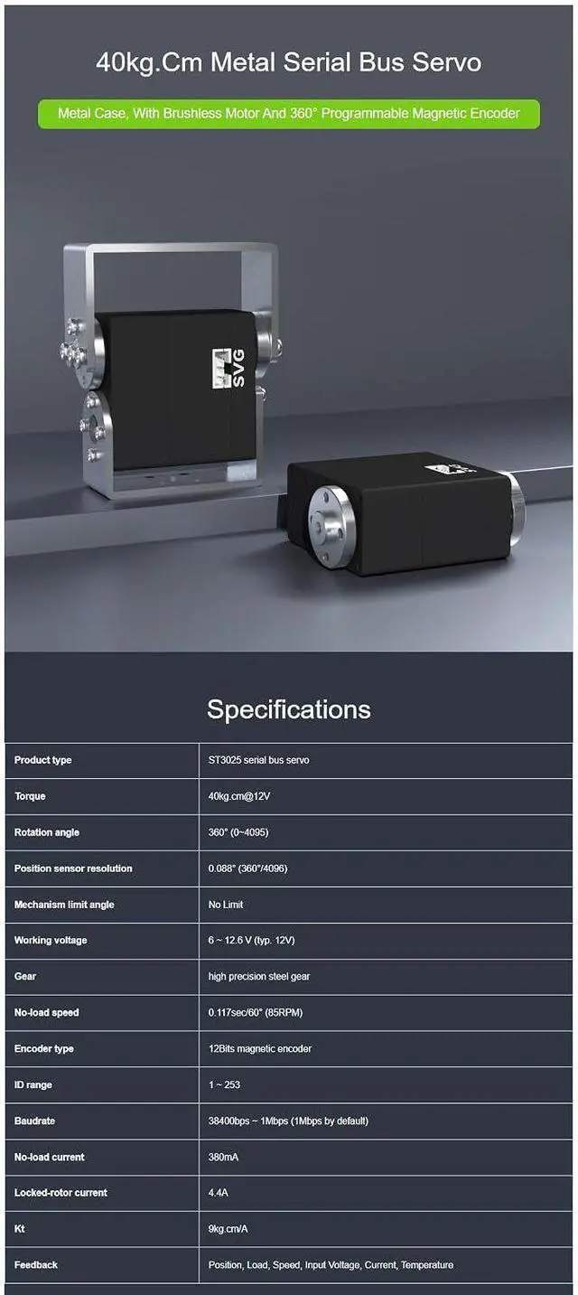 Alt view image 4 of 7 - Metal ST3025 Serial Bus Servo 40kg.cm High Precision Large Torque with Programmable 360 Degrees Magnetic Encoder and Brushless Motor Up to 253 Serial Bus Using
