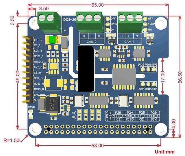 Alt view image 7 of 7 - 2-Channel(2-CH) Isolated CAN FD Expansion HAT for Raspberry Pi with Multi Onboard Protection Circuits Original CAN 2.0 Protocol up to 8Mbps Data Rate