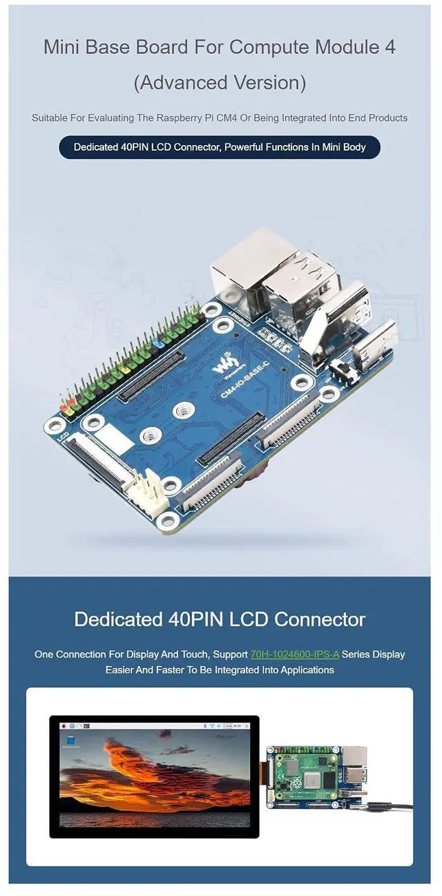 Alt view image 4 of 7 - Mini Base Board (C) for Raspberry Pi Compute Module 4 (CM4), 40PIN LCD Connector, Gigabit Ethernet RJ45 Interface