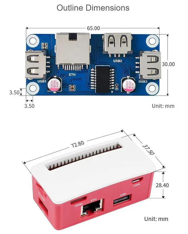 Alt view image 7 of 7 - Ethernet/USB HUB Box Supports Raspberry Pi Zero Series, with ETH/USB HUB HAT (B) Expansion Board Inside, Includes 3X USB 2.0 Ports,1x RJ45 Ethernet Port