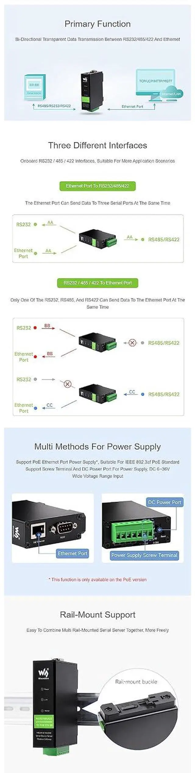 Alt view image 5 of 7 - RS232/485/422 to RJ45 Ethernet Module RS232/485/422 to ETH Converter Rail-Mount Serial Server TCP/IP to Serial