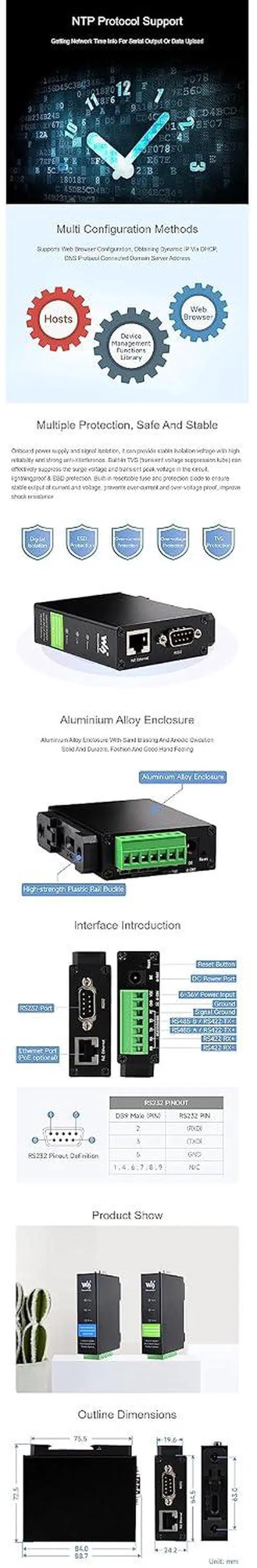 Alt view image 7 of 7 - RS232/485/422 to RJ45 Ethernet Module RS232/485/422 to ETH Converter Rail-Mount Serial Server TCP/IP to Serial