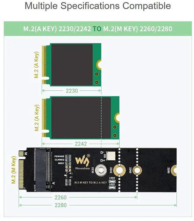 Alt view image 6 of 7 - M.2 M Key to A Key Adapter Board, Supports USB Conversion, Only Supports Devices with PCIE Channel,Supports 2280, 2260, 2242, 2230 Solid State Drives
