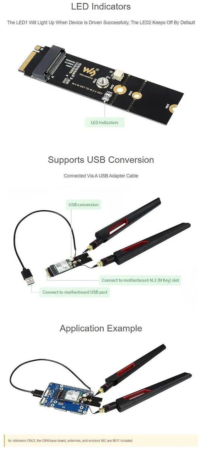 Alt view image 7 of 7 - M.2 M Key to A Key Adapter Board, Supports USB Conversion, Only Supports Devices with PCIE Channel,Supports 2280, 2260, 2242, 2230 Solid State Drives