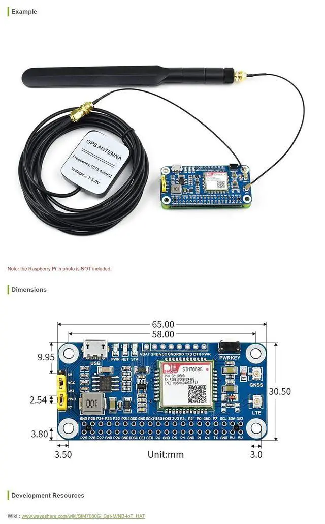 Alt view image 5 of 5 - NB-IoT/Cat-M(eMTC)/GNSS HAT for Raspberry Pi Based on SIM7080G Supports Protocols as TCP/UDP/HTTP/HTTPS/TLS/DTLS/PING/LWM2M/COAP/MQTT Globally Applicable